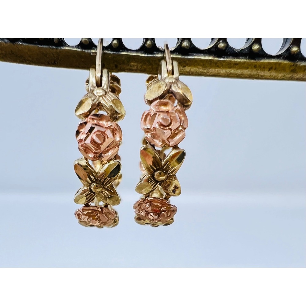Black Hills 10k Gold Two Tone Yellow & Rose Gold Flower Floral Hoop Earring